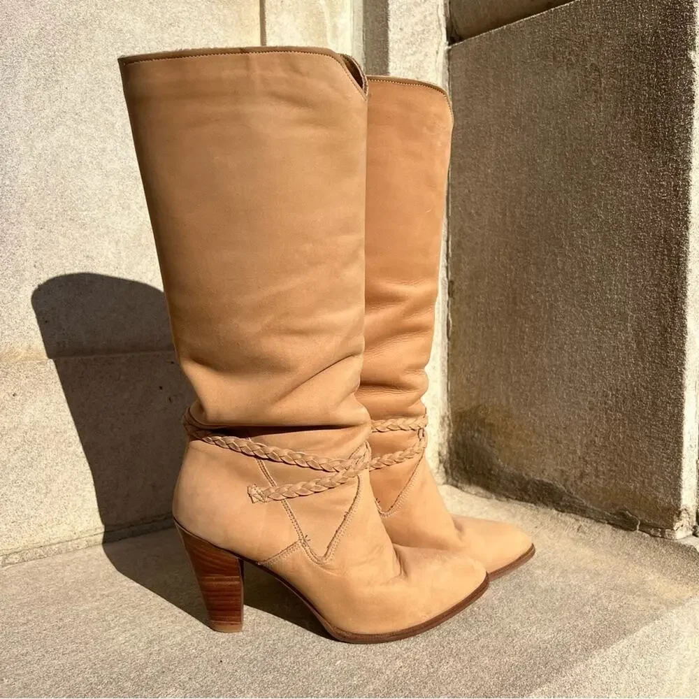 Vintage Dingo 80s high heeled suede yellow tan leather braid detail boots - Picture 3 of 9